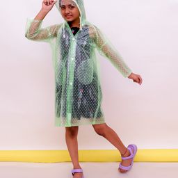 M'andy Full Sleeves Polka Dots Printed Transparent Hooded Raincoat - Green-image-70