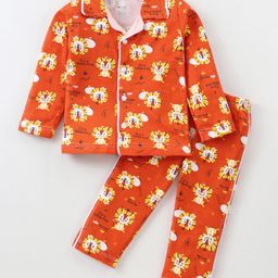 OHMS Single Jersey Knit Full Sleeves Night Suit with Lion Print - Orange-image-91