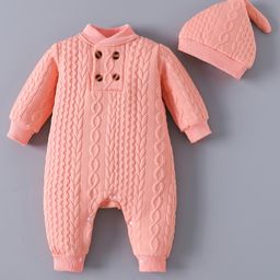 Kookie Kids Full Sleeves Winter Romper with Cable Knit Design & Cap - Pink-picture-24
