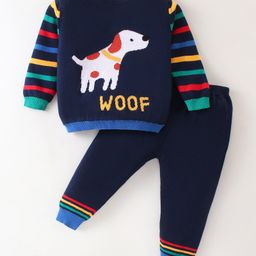 Simply Knit Full Sleeves Sweater Set with Stripes & Dog Design - Navy Blue-picture-12