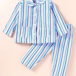 Evimo Single Jersey Knit Full Sleeves Peter Pan Collared Night Suit With Stripes - White-image-51