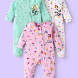 Babyhug Disney Interlock Knit Full Sleeves Footed Sleep Suits with Disney Princess Graphics Pack of 3 - Pink White & Light Green-image-32