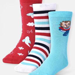 Cute Walk by Babyhug Cotton Lycra Knit Anti-bacterial Socks Strips Plain & Lion Design Pack of 3 - Red White & Light Blue-image-6