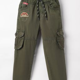 Olio Kids Cotton Woven Full Length Trousers With Cargo Pockets & Text Embroidery - Olive Green-image-94
