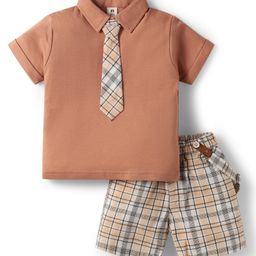 ToffyHouse Cotton Woven Half Sleeves Solid Shirt & Checks Short With Tie & Suspender - Brown-image-57