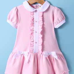 ToffyHouse Interlock Knit Half Puffed Sleeves Peter Pan Collared Frock with Bow Applique & Frill Detailing - Light Pink-picture-8
