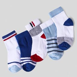 Cute Walk By Babyhug Knit Ankle Length Anti-Bacterial Socks with Stripes Pack of 5 - White & Blue-picture-9