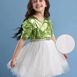 Hola Bonita Knit Half Sleeves Mesh Party Dress with Shimmer Glitter & Belt - Limegreen-picture-25
