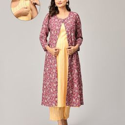 The Mom Store Cotton Blend Three Fourth Sleeves Zipper Nursing Access Detailed Striped Maternity Kurta & Pant With floral Printed Shacket Set - Multi Colour-image-95