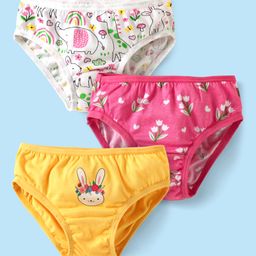 Babyhug 100% Cotton Panties With Floral & Animal Print Pack Of 3 - Dark Pink Yellow & White-image-38