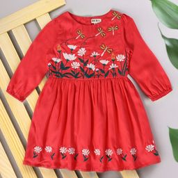 Bella Moda Cotton Full Puffed Sleeves Floral Embroidered Dress - Red-image-94