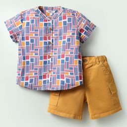 ToffyHouse Cotton Knit Half Sleeves Printed Mandarin Collar Shirt & Shorts Set - Gold-picture-34