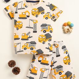 Little Marine Cotton Knit Half Sleeves Construction Vehicles Printed Tee With Coordinating Shorts Set - Cream-image-86