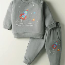 Zero Fleece Knit Full Sleeves Winter Wear Sweatshirt & Lounge Pant Set with Space Theme Print - Light Grey-picture-31
