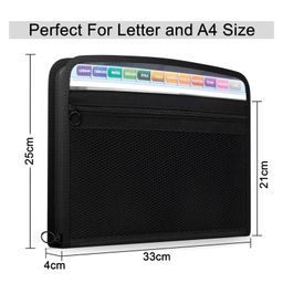 Storite 13 Pocket Expanding File Folder with Sticky Labels, Letter/A4 Paper Accordion File, Document Organizer with Zipper Closure, Certificate File Holder for School Home Office (Black, 33 * 4 * 25cm) image 2