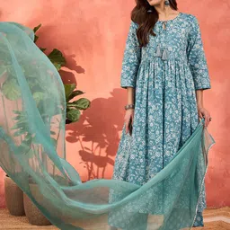 Shae by SASSAFRAS Floral Printed Pure Cotton Anarkali Kurta With Palazzos & Dupatta-picture-38