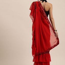 KALINI Red Checked Poly Georgette Saree image 2