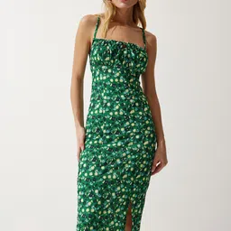 Happiness istanbul Women Floral Printed Shoulder Straps Bodycon Midi Dress-picture-35