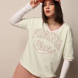Only Light Green & White Cotton Graphic Print T-Shirt-image-62