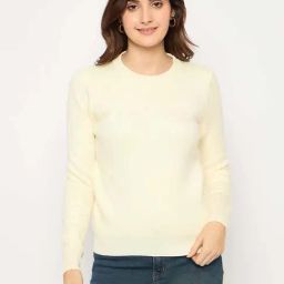 MADAME Off White Solid Sweater-image-20