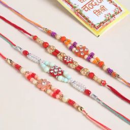 NVR Multicolor loral Design Stones & Beads Thread Rakhi with Roli Chawal Chandan & Mishri - Set of 4-92