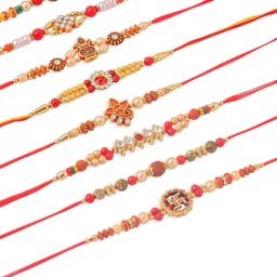 NVR Red Stones & Beads Rudraksh Thread Rakhi with Roli Chawal Chandan & Mishri - Set of 10 image 4