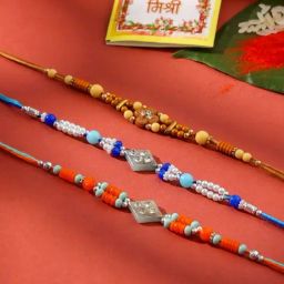 NVR Multicolor Artificial Stones & Beads Rakhi with Roli Chawal Chandan & Mishri - Set of 3-14