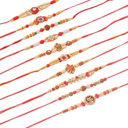NVR Red Stones & Beads Rudraksh Thread Rakhi with Roli Chawal Chandan & Mishri - Set of 10 image 5