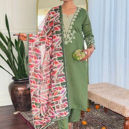 KALINI Ethnic Motifs Embroidered Straight Kurta With Trousers And Dupatta-picture-10