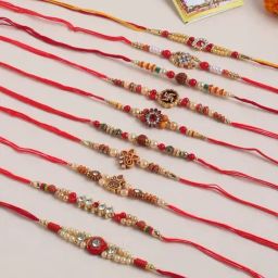 NVR Red Stones & Beads Rudraksh Thread Rakhi with Roli Chawal Chandan & Mishri - Set of 10-33