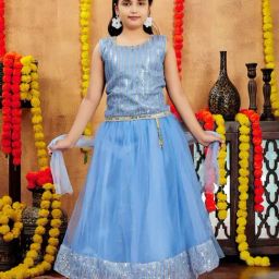 Aarika Girls Blue Embroidered Lehenga Choli Set-image-45