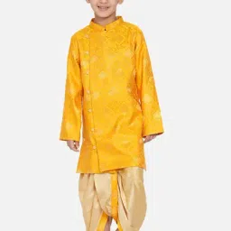Little Bansi Kids Royal Yellow & Beige Self Design Kurta with Dhotis-image-14