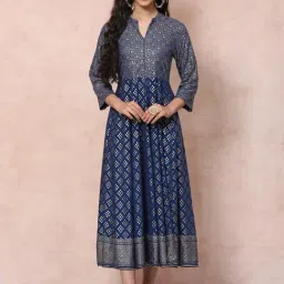 Rangriti Navy Printed A-Line Dress-image-57