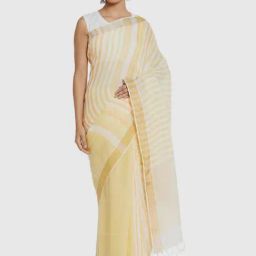 Fabindia Yellow Linen Striped Saree-image-43