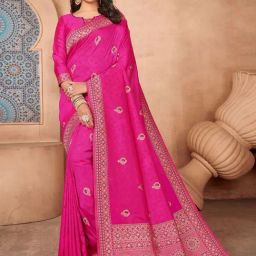 Satrani Rani Pink Woven Saree With Unstitched Blouse-picture-11