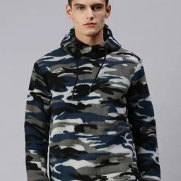 SHOWOFF Blue Cotton Slim Fit Camouflage Hooded SweatShirt-image-89