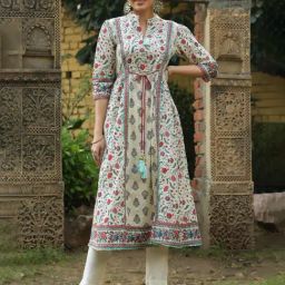 Juniper Beige Floral Printed Pure Cotton Flared Kurta-image-1