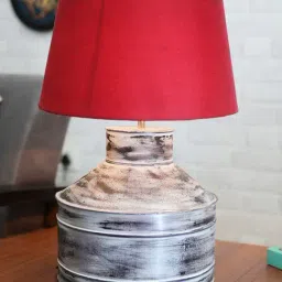 Homesake Rustic Milk Gagar White Metal Table Lamp with Red Drum Shade-17