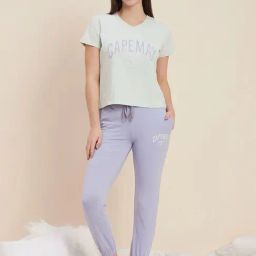 Sweet Dreams Green & Purple Cotton Printed T-Shirt Pyjamas Set-44