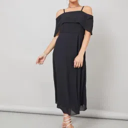 Miss Chase Black Georgette Solid Sleeveless Dress-picture-1