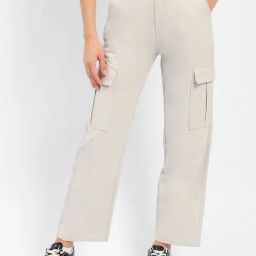 MADAME Grey Cotton Relaxed Fit Mid Rise Cargo Pants-image-35