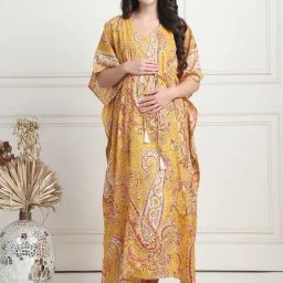 Secret Wish Yellow Printed Maternity Kaftan Nighty-image-2