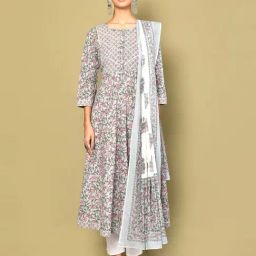 Miravan Blue Cotton Printed Anarkali Kurta With Dupatta-picture-23