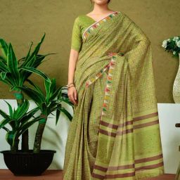 Satrani Green Chanderi Cotton Printed Saree With Unstitched Blouse-picture-4