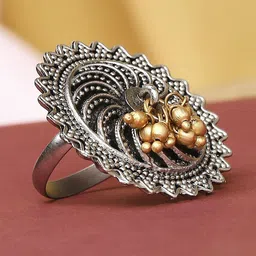 Sangria Oxidised Tribal / Afghan Theme Adjustable Finger Ring With Ghungroo-image-52