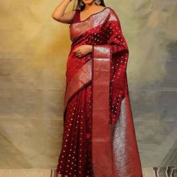 Anjaneya Sarees Maroon Banarasi Silk Saree with Unstiched Blouse-image-89