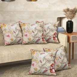 Romee Beige Cotton Floral Printed Cushion Covers - Set of 5-image-99