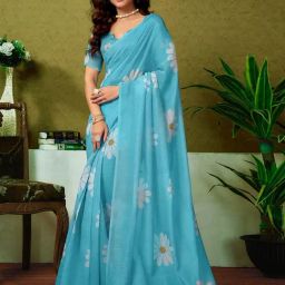 Satrani Blue Chanderi Cotton Printed Saree With Unstitched Blouse-picture-36