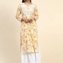 House of Kari Light Yellow Noor Printed Emb Kurta in Mul-picture-17