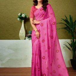Satrani Pink Chanderi Cotton Printed Saree With Unstitched Blouse-image-94